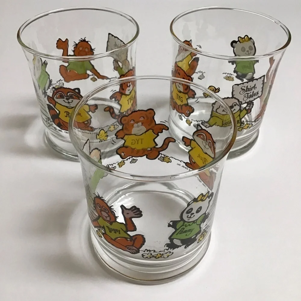 Shirt Tales Juice Glasses SET OF 3 Pammy Rick Tyg Cartoon ‘82 Hallmark Vintage
